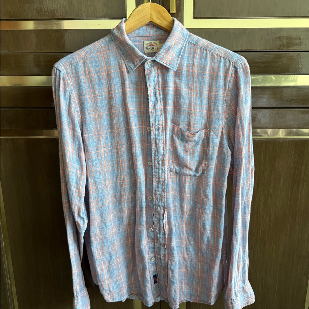 Men's Blue and Orange Linen Shirt